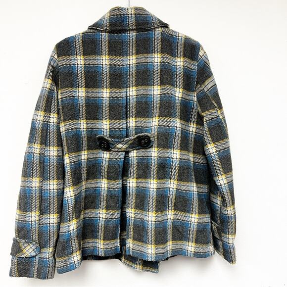 SZ XL Aeropostale Plaid Short Wool Blend Trench Blue Gray Yellow - Picture 4 of 7